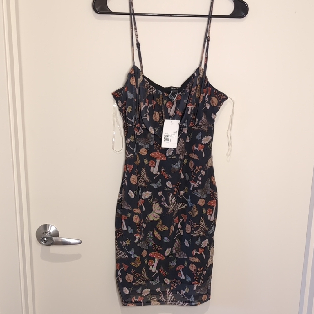 Forever 21 Woodland Mushroom Butterfly Insect Floral Mesh Overlay Boho Dress NWT